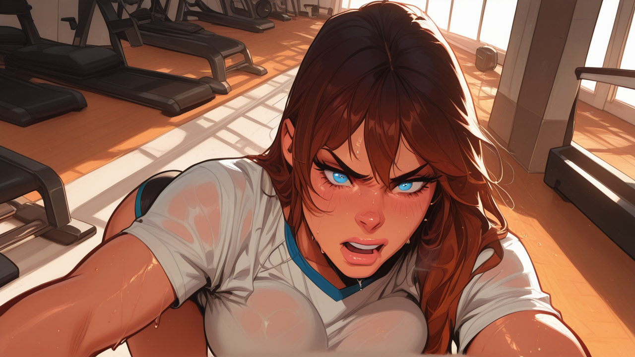 During the exercises, her body began to sweat from the effort.