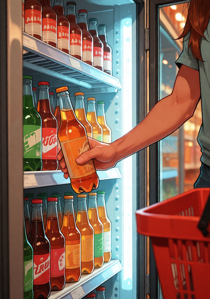 Insert: a man's hand closing around a bottle inside the lit fridge, her basket blurred at the frame edge. The recognition happens without a face — the pipeline cannot render a second identity.