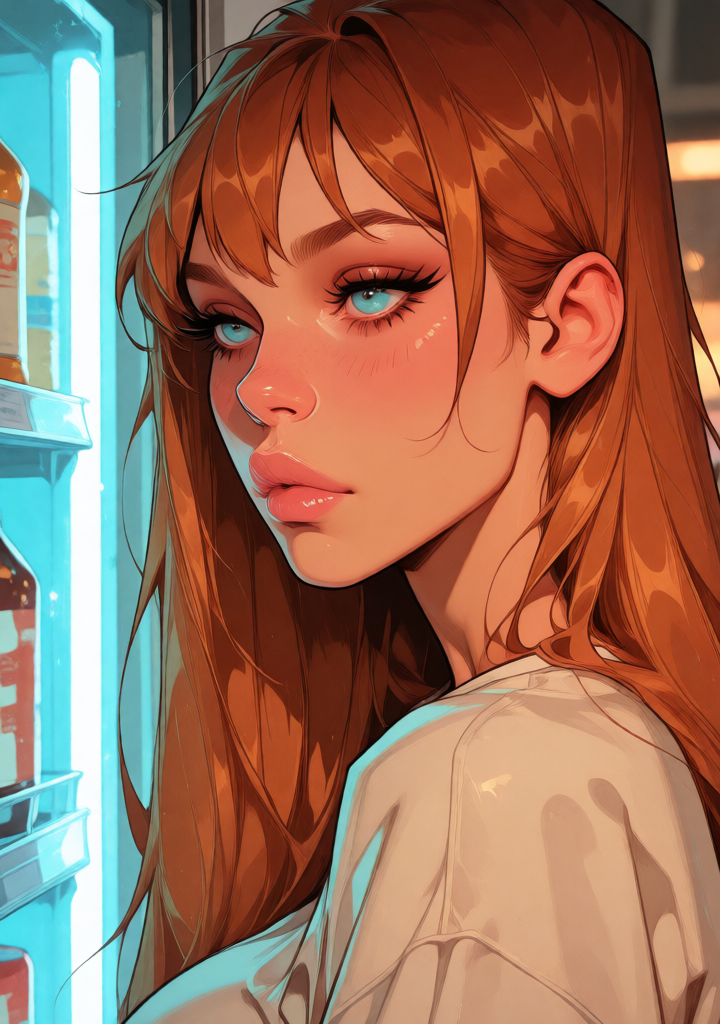 Tight close-up on Alex's face, cold fridge light from the side, light blue eyes going flat and still, the small smile gone, a single strand of ginger hair across her cheek, out-of-focus fridge glass behind her.