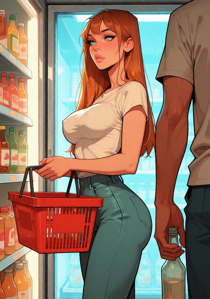 Reverse two-shot: Danylo's dark back and shoulder anchor the right foreground, faceless; Alex holds the centre with her basket, answering him at a polite distance. Neither steps closer.
