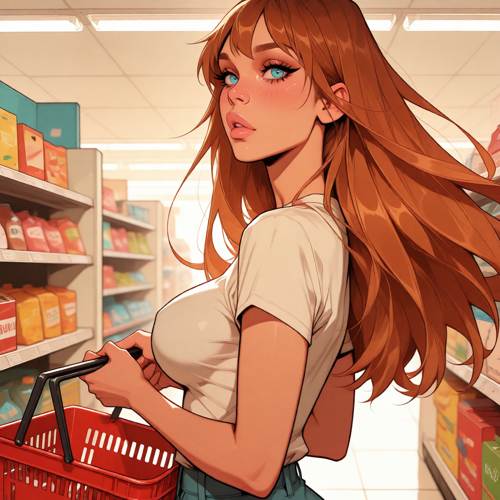 Reaction shot: Alex stops mid-aisle and turns her head sharply over her shoulder toward the camera, long ginger hair swinging, surprise breaking through her composure for one instant, basket still in hand, grocery shelves blurred behind.