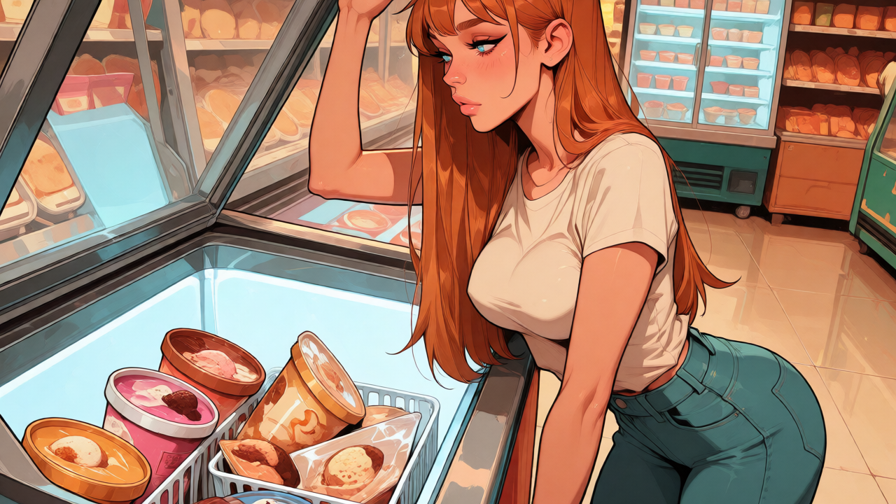Evening. Alex in a fitted cream-white t-shirt and high-waisted teal jeans steps through the sliding glass doors of a small grocery store, wide establishing shot of the lit aisles behind her, cold fluorescent light, wet asphalt and dark street visible through the glass behind.